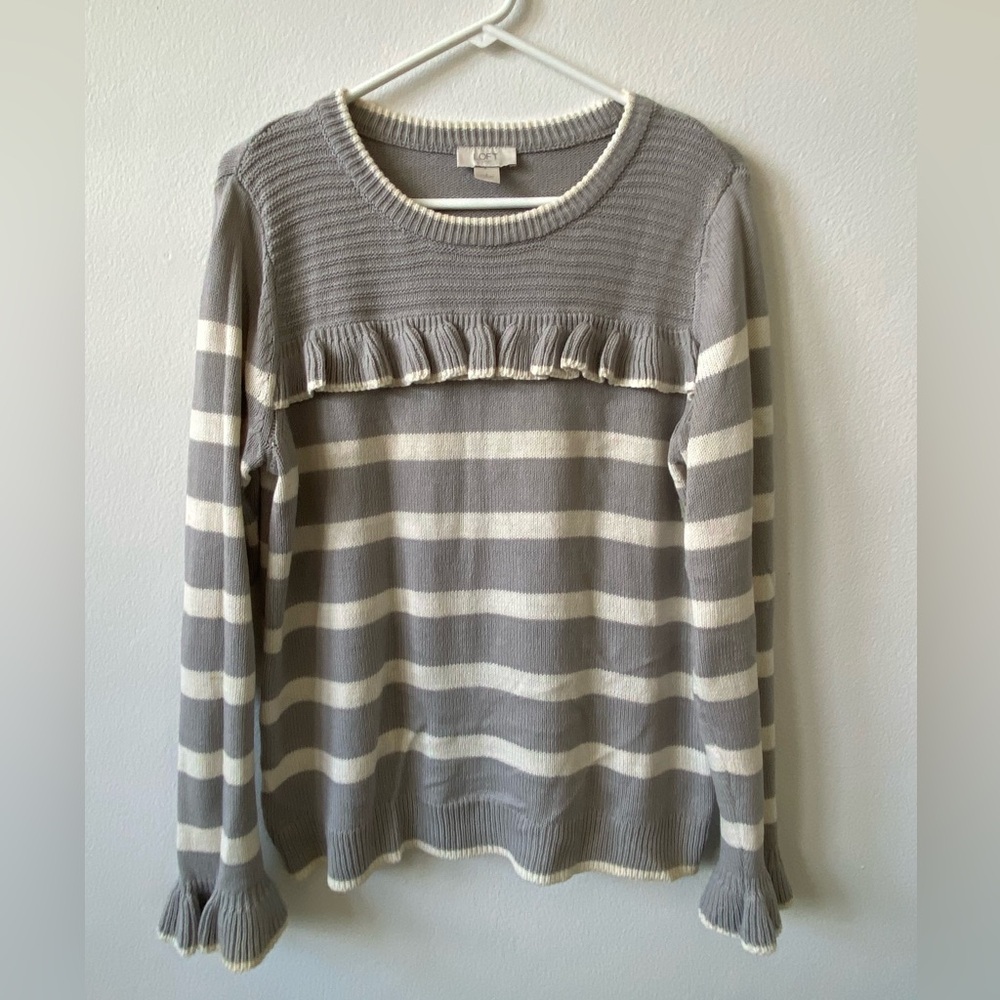 Loft Gray and Cream Striped Sweater L